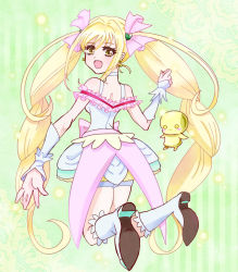 Rule 34 | 1girl, bad id, bad pixiv id, bike shorts, bike shorts under skirt, blonde hair, boots, bow, choker, creature, cure echo, earrings, eyelashes, full body, fuu-chan (precure), green background, hair ornament, hairpin, jewelry, long hair, looking back, magical girl, pink bow, precure, precure all stars new stage: mirai no tomodachi, sakagami ayumi, shorts, shorts under skirt, skirt, smile, solo, sougetsu ayu, twintails, waist bow, white choker, white footwear, yellow eyes