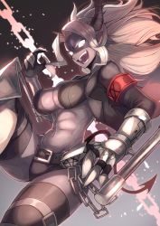 Rule 34 | 1girl, abs, armband, belt, black horns, breasts, chain, colored skin, commentary, dark-skinned female, dark skin, demon girl, demon horns, demon tail, fangs, gauntlets, grey skin, helltaker, highres, horns, jacket, judgement (helltaker), judgement (tarot), large breasts, long hair, looking at viewer, navel, ohako (ohako1818), open mouth, ponytail, smile, solo, tail, tarot, teeth, white eyes, white hair