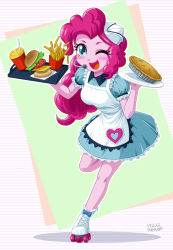 Rule 34 | 1girl, apron, blue eyes, burger, colored skin, food, french fries, highres, inline skates, my little pony, my little pony: equestria girls, my little pony: friendship is magic, pie, pink hair, pink skin, pinkie pie, roller skates, skates, tagme, uotapo, waitress