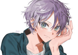 Rule 34 | 1boy, black jacket, closed mouth, collarbone, commentary request, crying, crying with eyes open, grey eyes, hair between eyes, hand up, highres, jacket, looking at viewer, male focus, original, purple hair, shirt, short hair, simple background, solo, tears, torino kawazu, very short hair, white background, white shirt, wiping tears