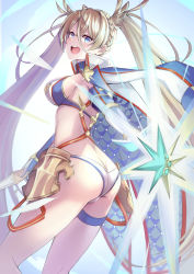 Rule 34 | 1girl, absurdres, armor, ass, back, bikini, blonde hair, blue eyes, blush, bradamante (fate), bradamante (third ascension) (fate), braid, breasts, butt crack, crown braid, elbow gloves, fate/grand order, fate (series), faulds, gloves, hair between eyes, highres, karaage bou, large breasts, long hair, looking at viewer, looking back, open mouth, smile, solo, swimsuit, thigh strap, thighs, twintails, two-tone bikini, very long hair