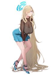 Rule 34 | 1girl, absurdly long hair, asuna (blue archive), blonde hair, blue archive, blue eyes, blue footwear, blue halo, blue skirt, blush, breasts, cleavage, commentary, eyelashes, full body, hair over one eye, halo, high-waist skirt, high heels, highres, huge breasts, kakumayu, large breasts, leaning forward, legs, long hair, long sleeves, looking at viewer, miniskirt, mole, mole on breast, parted bangs, pleated skirt, see-through, see-through shirt, simple background, skirt, smile, solo, strappy heels, teeth, thighs, very long hair, white background