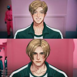 1boy absurdres artist_name before_and_after blonde_hair blood blood_on_face green_jacket highres jacket kaijou8 leon_s._kennedy male_focus meme resident_evil sad signature smile squid_game twitter_username year_1_&amp;_year_2_(squid_game)_(meme)