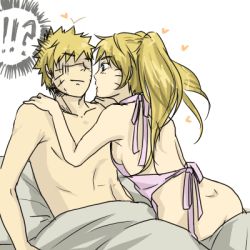 Rule 34 | !?, 1boy, 1girl, apron, artist request, ass, bed, blonde hair, blue eyes, breasts, closed mouth, collarbone, dual persona, eye contact, facial mark, facing another, flustered, from side, genderswap, genderswap (mtf), hands on another&#039;s shoulders, hands on shoulders, hands up, heart, leaning forward, leaning in, long hair, looking at another, lowres, medium breasts, naked apron, naruko (naruto), naruto, naruto (series), nude, on bed, pillow, selfcest, short hair, sideboob, simple background, sitting, spiked hair, surprised, sweat, topless, twintails, uzumaki naruto, whisker markings, whiskers, white background