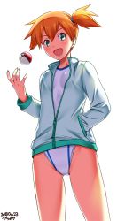 Rule 34 | 1girl, aqua eyes, artist name, backlighting, blue jacket, blush, breasts, collarbone, competition swimsuit, cowboy shot, creatures (company), dated, from below, game freak, gym leader, hair between eyes, hand in pocket, highres, jacket, layered clothes, long sleeves, looking at viewer, misty (pokemon), nintendo, no pants, one-piece swimsuit, open mouth, orange hair, partially unzipped, poke ball, poke ball (basic), pokemon, pokemon (anime), pokemon hgss, side ponytail, signature, simple background, small breasts, smile, solo, standing, swimsuit, thighs, track jacket, tsuchimiya, white background, white jacket, white one-piece swimsuit, zipper, zipper pull tab