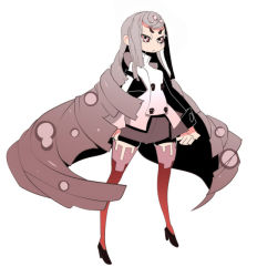 Rule 34 | 1girl, arms at sides, black eyes, black footwear, closed mouth, full body, gradient hair, grey hair, high heels, jacket, jacqli (jacqliart), long hair, looking at viewer, multicolored hair, original, pink hair, red thighhighs, shoes, short eyebrows, sidelocks, simple background, skirt, skull, solo, thick eyebrows, thighhighs, very long hair, white background, white jacket