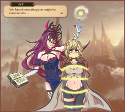 Rule 34 | 2girls, absurdres, anger vein, arm up, armpits, asymmetrical clothes, bare shoulders, bdsm, black pants, black thighhighs, blonde hair, bondage, book, bound, citrinne (fire emblem), commentary, cowboy shot, crop top, dress, earrings, elbow gloves, fire emblem, fire emblem engage, gagged, gloves, highres, holding, holding book, hoop earrings, iscreamman001, ivy (fire emblem), jewelry, leggings, long hair, looking at viewer, midriff, multiple girls, navel, nintendo, pants, purple dress, purple hair, single pantsleg, single thighhigh, smile, standing, stomach, thighhighs, very long hair, white gloves