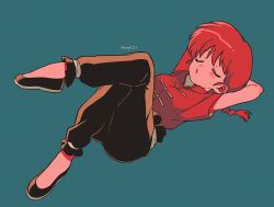 Rule 34 | 1girl, arms behind head, arms up, artist name, black footwear, black pants, blue background, blush, braid, braided ponytail, breasts, closed eyes, frills, highres, lying, medium breasts, menma (enaic31), on back, open mouth, pants, plantar flexion, ranma-chan, ranma 1/2, red hair, red shirt, retro artstyle, romaji commentary, shirt, short sleeves, simple background, solo, twitter username