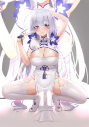 Rule 34 | 1girl, absurdres, arm up, azur lane, blue eyes, breasts, china dress, chinese clothes, cleavage, cutout above navel, dress, flower, folded fan, folding fan, framed breasts, garter straps, grey background, grey hair, hair flower, hair ornament, hand fan, high heels, highres, holding, holding fan, ichikushi mojibake, illustrious (azur lane), illustrious (maiden lily&#039;s radiance) (azur lane), large breasts, long hair, looking at viewer, official alternate costume, pelvic curtain, purple flower, see-through, see-through dress, see-through silhouette, short sleeves, simple background, solo, spread legs, squatting, stiletto heels, thighhighs, tri tails, very long hair, white dress, white footwear, white garter straps, white thighhighs