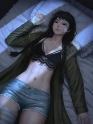 Rule 34 | 1girl, abs, arm at side, arm up, arm wrap, bandage on face, bandages, black bra, black eyes, black hair, blue shorts, bra, braid, breasts, closed mouth, coat, commentary, commission, denim, denim shorts, english commentary, gohpot, green coat, hair between eyes, jacket, leg wrap, lips, long sleeves, lying, medium breasts, multicolored hair, night, on back, on bed, open clothes, open coat, open jacket, original, pillow, shadow, shorts, solo, stomach, streaked hair, torn clothes, torn shorts, twin braids, underwear, white hair