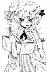 Rule 34 | 1girl, bandaid, book, crescent, crossed bandaids, dress, greyscale, hand up, hat, hat ribbon, holding, holding book, injury, long hair, maguro (mawaru sushi), messy hair, mob cap, monochrome, open mouth, patchouli knowledge, ribbon, simple background, solo, striped clothes, striped dress, sweatdrop, tearing up, torn clothes, touhou, white background