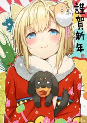 Rule 34 | 1girl, animal, animal ears, animal hug, blonde hair, blue eyes, blush, chinese zodiac, closed mouth, commentary request, dog, dog mask, floral print, fur collar, hair between eyes, happy new year, haruken, japanese clothes, kimono, long sleeves, looking at viewer, mask, mask on head, new year, original, print kimono, red kimono, smile, solo, wide sleeves, year of the dog