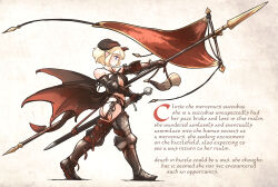 Rule 34 | 1girl, blonde hair, demon girl, english text, highres, horns, ironlily, original, pointy ears, polearm, short hair, solo, spear, sword, walking, weapon, wings