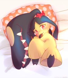 Rule 34 | 1girl, absurdres, ancesra, artist name, bed sheet, black hair, black skin, blunt bangs, blush, bow, colored skin, creatures (company), drooling, extra mouth, female focus, from above, full body, game freak, gen 3 pokemon, grin, hair bow, hand to own mouth, hands up, happy, highres, knee up, long hair, looking at viewer, lying, mawile, multicolored skin, nintendo, nose blush, on back, on bed, parted bangs, patreon username, pokemon, pokemon (creature), polka dot, polka dot pillow, red bow, red eyes, saliva, sharp teeth, smile, solo, teeth, two-tone skin, watermark, web address, yellow skin