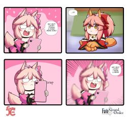 Rule 34 | !?, 4koma, animal ear fluff, animal ears, animal hands, bare shoulders, bell, cat paws, cellphone, collar, comic, detached sleeves, doge, english text, fate/grand order, fate (series), fox ears, fox girl, fox tail, glasses, gloves, hair ribbon, highres, japanese clothes, jingle bell, keita naruzawa, kimono, koyanskaya (fate), meme, neck bell, paw gloves, paw shoes, phone, pink hair, pink kimono, pink ribbon, ponytail, red kimono, red ribbon, ribbon, side ponytail, smartphone, speech bubble, tail, tamamo (fate), tamamo cat (fate), yellow eyes