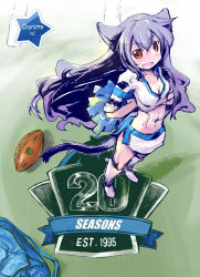 Rule 34 | 1girl, :d, abs, american football, american football (object), animal ears, arms behind back, bag, ball, blush, breasts, brown eyes, carolina panthers, cat ears, cat girl, cat tail, cheerleader, cleavage, crop top, emblem, fang, full body, long hair, looking at viewer, midriff, mtr, muscular, national football league, navel, open mouth, orange eyes, parted lips, pom pom (cheerleading), purple hair, rugby ball, side slit, skirt, smile, solo, sportswear, standing, star (symbol), tail, very long hair, white skirt