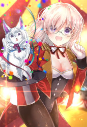 Rule 34 | 1girl, :d, black-framed eyewear, black leotard, blurry, blurry background, blush, breasts, brown pantyhose, cleavage, commentary, creature, depth of field, english commentary, epaulettes, eyes visible through hair, fate/grand order, fate (series), fou (fate), glasses, gloves, hair over one eye, hand up, hat, highres, iroha (shiki), jacket, leotard, long sleeves, looking at viewer, mash kyrielight, mash kyrielight (welcome to the travelling circus!), medium breasts, neck ribbon, official alternate costume, open clothes, open jacket, open mouth, pantyhose, pink hair, purple eyes, red jacket, red ribbon, ribbon, smile, strapless, strapless leotard, streamers, striped clothes, striped headwear, top hat, unworn hat, unworn headwear, vertical-striped clothes, vertical-striped headwear, vertical-stripes, welcome to the travelling circus!, white gloves
