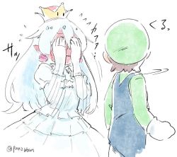 Rule 34 | 1boy, 1girl, blush, brown hair, clenched hand, commentary, covering face, covering own eyes, crown, dress, ear blush, frills, full-face blush, gloves, hat, long hair, looking at another, looking back, luigi, luigi&#039;s mansion, mario (series), motion lines, new super mario bros. u deluxe, nintendo, panzuban, pointy ears, princess king boo, puffy short sleeves, puffy sleeves, short sleeves, simple background, sketch, super crown, twitter username, wavy mouth, white background, white dress, white hair