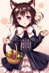 Rule 34 | 1girl, :o, animal ears, apple, basket, beige background, black hair, blue capelet, blue coat, blush, bow, capelet, cat ears, cat girl, cat tail, coat, commentary request, flower, food, frills, fruit, fruit basket, grapes, green apple, hair between eyes, hair flower, hair ornament, hairclip, head tilt, holding, long sleeves, looking at viewer, original, parted lips, pear, pocket watch, purple eyes, red apple, sakura ani, simple background, solo, tail, tareme, watch, white bow, x hair ornament