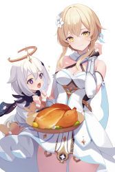 Rule 34 | 2girls, :d, bare shoulders, black gloves, blonde hair, blush, breasts, bright pupils, cleavage, closed mouth, commentary request, cowboy shot, detached sleeves, dress, fingerless gloves, floating, flower, food, genshin impact, gloves, hair flower, hair ornament, halo, highres, long sleeves, looking at viewer, lumine (genshin impact), medium breasts, mini person, minigirl, mizu (lzzrwi603), multiple girls, open mouth, paimon (genshin impact), plate, purple eyes, short hair with long locks, sidelocks, silver hair, simple background, sleeveless, sleeveless dress, smile, sparkle, white background, white flower, white headwear, yellow eyes