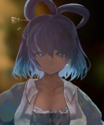 Rule 34 | 1girl, blue dress, blue eyes, blue hair, blurry, blurry background, closed mouth, collarbone, commentary request, dark background, dress, earrings, eyebrows hidden by hair, hair between eyes, hair ornament, hair rings, hair stick, highres, jewelry, kaku seiga, looking at viewer, puffy sleeves, short hair, smile, solo, suisa (mizsai), touhou, upper body, vest, white vest