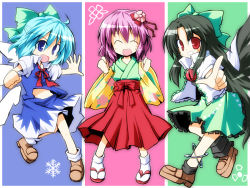 Rule 34 | &gt;:d, 3girls, :d, anklet, asymmetrical legwear, black hair, blue background, blue eyes, blue hair, blue skirt, bow, cirno, clenched hand, clenched hands, closed eyes, flower, green background, green bow, green skirt, hair bow, hair flower, hair ornament, hieda no akyuu, ice, japanese clothes, jewelry, long hair, long sleeves, looking at viewer, midriff, multiple girls, navel, open mouth, outstretched hand, parted lips, pink background, pointing, purple hair, radiation symbol, red eyes, red skirt, reiuji utsuho, ribbon, sandals, shoes, short hair, simple background, skirt, smile, snowflakes, socks, standing, sweatdrop, touhou, uneven legwear, v-shaped eyebrows, very long hair, wide sleeves, wings, yuuhi alpha
