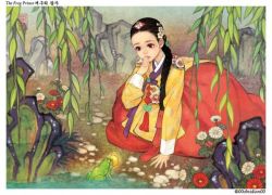 Rule 34 | 1girl, black hair, braid, forehead, frog, frog prince, grimm&#039;s fairy tales, hand to own mouth, korean clothes, long hair, maedeup, mouth hold, nayoung wooh, single braid, source request