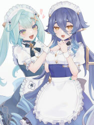Rule 34 | 2girls, :d, absurdres, alternate costume, apron, aqua hair, aqua pupils, arm around waist, blue choker, blue hair, blue ribbon, breasts, choker, commentary request, drill hair, enmaided, faruzan (cafe) (genshin impact), faruzan (genshin impact), frilled apron, frills, genshin impact, green nails, hair between eyes, hair ornament, hands on own chest, hands up, heart, highres, layla (genshin impact), long hair, maid, maid apron, maid headdress, multiple girls, neck ribbon, nervous smile, nervous sweating, official alternate costume, open mouth, pointy ears, puffy short sleeves, puffy sleeves, ribbon, short sleeves, sidelocks, simple background, smile, sweat, sweatdrop, symbol-shaped pupils, triangle-shaped pupils, twintails, underbust, ura (hamburg oniku), waist apron, white apron, white background, white wrist cuffs, wrist cuffs, x hair ornament, yellow eyes