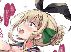 Rule 34 | 1girl, black hairband, blonde hair, braid, braided bangs, braided bun, breasts, censored, collarbone, commentary request, cosplay, hair bun, hairband, highres, implied sex, kantai collection, large breasts, looking at another, mosaic censoring, odawara hakone, open mouth, out-of-frame censoring, paid reward available, perth (kancolle), purple eyes, sailor collar, shimakaze (kancolle), shimakaze (kancolle) (cosplay), tears, teeth, upper teeth only
