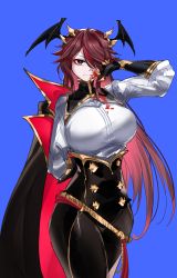 Rule 34 | 1girl, absurdres, alternate costume, blood, blood on clothes, blood on face, blue background, breasts, cape, casul, clawed gauntlets, gauntlets, genshin impact, hair over one eye, head wings, highres, large breasts, long hair, looking at viewer, multicolored hair, over shoulder, purple hair, red eyes, red hair, rosaria (genshin impact), simple background, solo, standing, streaked hair, two-tone cape, wings