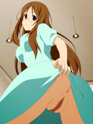 Rule 34 | 1girl, anus, ass, breasts, brown eyes, brown hair, censored, clothes lift, dress, dress lift, glasses, highres, k-on!, lamp, large breasts, legs, long hair, looking back, minarui, no panties, pussy, smile, solo, standing, teacher, thighs, yamanaka sawako