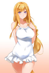 Rule 34 | 1girl, arm behind back, bad id, bad pixiv id, bare arms, bare shoulders, blonde hair, blush, breasts, closed mouth, collarbone, commentary request, covered navel, cowboy shot, dress, frilled dress, frills, gradient background, gundam, gundam tekketsu no orphans, halterneck, kudelia aina bernstein, large breasts, long hair, looking at viewer, microdress, purple eyes, skin tight, sleeveless, sleeveless dress, smile, solo, very long hair, white background, white dress, yostxxx