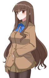 Rule 34 | 1girl, akitokage, blue bow, blue bowtie, blush, bow, bowtie, breasts, brown eyes, brown hair, brown jacket, brown pantyhose, brown skirt, cowboy shot, fate/extra, fate (series), highres, jacket, kishinami hakuno (female), long hair, long sleeves, looking at viewer, medium breasts, pantyhose, sidelocks, simple background, skirt, solo, thighs, tsukumihara academy uniform (fate/extra), white background