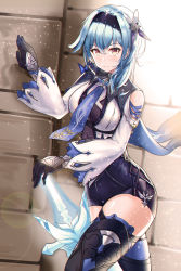 Rule 34 | 1girl, absurdres, banshi, black footwear, black gloves, black hairband, blue hair, blue necktie, blue thighhighs, blush, bodystocking, boots, breasts, cape, chinese commentary, closed mouth, commentary request, eula (genshin impact), genshin impact, gloves, greatsword, hair ornament, hairband, highres, holding, holding sword, holding weapon, large breasts, light particles, long sleeves, looking at viewer, medium hair, multicolored eyes, necktie, purple eyes, single bare shoulder, smile, solo, sword, thigh boots, thigh strap, thighhighs, thighs, weapon, yellow eyes