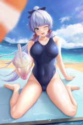 Rule 34 | 1girl, ;d, absurdres, arayuki (sakurafubuki), arm support, ayaka (genshin impact), bare arms, bare shoulders, barefoot, beach, beach mat, bird, blue eyes, blue hair, blue one-piece swimsuit, blue sky, blunt bangs, breasts, cameltoe, cloud, covered navel, cup, day, disposable cup, drink, drinking straw, foreshortening, full body, genshin impact, hair ribbon, highleg, highleg swimsuit, highres, holding, holding drink, large breasts, long hair, looking at viewer, mole, mole under eye, ocean, one-piece swimsuit, one eye closed, open mouth, outdoors, ponytail, ribbon, school swimsuit, sitting, sky, smile, solo, swimsuit, thighs, toes, tress ribbon, wariza, water, wedgie, wet