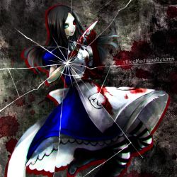 Rule 34 | 1girl, alice: madness returns, alice in wonderland, alice liddell (american mcgee&#039;s alice), american mcgee&#039;s alice, american mcgee's alice, apron, ayaka nari, black hair, blood, boots, dress, high heel boots, high heels, jewelry, knife, long hair, necklace, pantyhose, solo, striped clothes, striped pantyhose