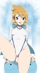 Rule 34 | 1girl,  eyes, ass, breasts, covered navel, cowboy shot, creatures (company), curvy, game freak, gen 2 pokemon, green eyes, highleg, highleg swimsuit, highres, jacket, legs, medium breasts, misty (pokemon), navel, nintendo, one-piece swimsuit, open mouth, orange hair, pokemon, pokemon hgss, quagsire, r3dfive, shiny skin, simple background, small breasts, standing, swimsuit, thick thighs, thighs, white jacket, white one-piece swimsuit, wide hips