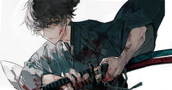 Rule 34 | 1boy, absurdres, black hair, blood, blood on clothes, blood on face, blood on hands, bloody weapon, blue eyes, blue kimono, closed mouth, commentary request, fate/samurai remnant, fate (series), highres, japanese clothes, katana, kimono, looking at viewer, male focus, miyamoto iori (fate), mura karuki, serious, sheath, sheathed, short hair, solo, sword, topknot, unsheathing, upper body, weapon, white background