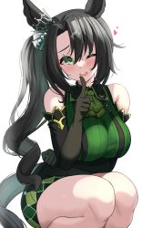 Rule 34 | 1girl, animal ears, black hair, blush, breasts, crown, detached sleeves, finger to mouth, green eyes, hair ornament, heart, highres, horse ears, horse tail, kibihimi, long hair, looking at viewer, medium breasts, one eye closed, satono crown (umamusume), shorts, side ponytail, simple background, sitting, solo, tail, umamusume, white background