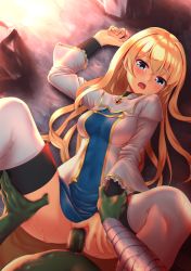 Rule 34 | .357-inch, 10s, 1boy, 1girl, arm grab, bad id, bad pixiv id, blonde hair, blue eyes, blush, boots, breasts, censored, clothes lift, colored skin, covered navel, dress, dress lift, frilled sleeves, frills, gem, goblin slayer!, green skin, hetero, highres, long hair, looking at viewer, lying, medium breasts, mosaic censoring, on back, on floor, open mouth, orc, penis, priestess (goblin slayer!), pussy, rock, sex, solo focus, spread legs, sweat, tears, thigh boots, thighhighs, vaginal