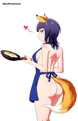 Rule 34 | 1girl, absurdres, animal ears, apron, artist name, asaka karin, ass, back, bare shoulders, blue apron, blue eyes, blue hair, blunt bangs, box wonderland, breasts, closed mouth, egg (food), food, fox ears, fox tail, fried egg, from behind, from side, frying pan, heart, hetero, highres, holding, holding frying pan, large breasts, looking at viewer, looking to the side, love live!, love live! nijigasaki high school idol club, medium hair, naked apron, sideboob, simple background, solo, spoken heart, tail, thighs, white background