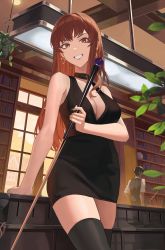 Rule 34 | 1boy, 1girl, absurdres, bare shoulders, black dress, black thighhighs, breasts, brown eyes, brown hair, cleavage, commission, cue stick, dress, earrings, grin, highres, indoors, jewelry, large breasts, long hair, looking at viewer, original, pixiv commission, plant, pool table, potted plant, saba-kann (kannsaba), sleeveless, sleeveless dress, smile, solo focus, table, thighhighs
