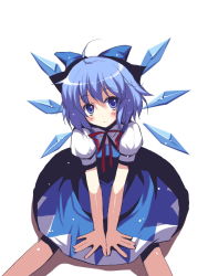 Rule 34 | 1girl, ahoge, arm support, bad id, bad pixiv id, blue eyes, blue hair, blush, cirno, from above, highres, looking up, matching hair/eyes, outstretched hand, ribbon, rie (reverie), short hair, simple background, sitting, sketch, solo, staring, touhou, v arms, wings