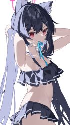 Rule 34 | 1girl, animal ears, armpits, arms up, bikini, bikini skirt, black bikini, black hair, black skirt, blue archive, blue ribbon, breasts, cat ears, cleavage, collarbone, cowboy shot, frilled bikini, frills, hair ornament, hairclip, halo, highres, long hair, mouth hold, red eyes, ribbon, serika (blue archive), simple background, skirt, small breasts, solo, swimsuit, tiko (idadsa91), twintails, tying hair, v-shaped eyebrows, very long hair, white background