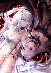Rule 34 | 2girls, absurdres, age fx, azur lane, black dress, black vs white, blue eyes, breasts, cleavage, contrast, detached collar, dress, dual persona, emden (azur lane), flower, flower over eye, from above, grey hair, highres, large breasts, long hair, looking at viewer, lying, multiple girls, on back, padlock, padlocked collar, red eyes, red flower, red rose, rose, very long hair, white dress, white flower, white hair, white rose