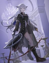 Rule 34 | 1girl, :d, absurdres, animal ears, arknights, black coat, black dress, black footwear, black gloves, blood, blood splatter, bloody weapon, boots, chair, chandelier, coat, dress, full body, gloves, grin, highres, holding, holding pocket watch, holding sword, holding weapon, indoors, katana, lappland (arknights), lappland (refined horrormare) (arknights), long hair, long sleeves, looking at viewer, open mouth, pocket watch, scar, scar across eye, shikisimayu, smile, solo, sword, table, tail, teeth, torn clothes, torn coat, walking, watch, weapon, white eyes, white hair, wolf ears, wolf girl, wolf tail