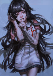 Rule 34 | 1girl, apron, bad id, bad pixiv id, bandaged arm, bandaged hand, bandages, bandaid, bandaid on arm, bandaid on cheek, bandaid on face, blue background, blunt bangs, commentary request, cowboy shot, crying, crying with eyes open, danganronpa (series), danganronpa 2: goodbye despair, hand in own hair, hands up, highres, k041800, long hair, looking at viewer, mole, mole under eye, open mouth, pink shirt, pleated skirt, puffy short sleeves, puffy sleeves, purple eyes, purple hair, shirt, short sleeves, signature, simple background, skirt, solo, tears, thumb to mouth, tsumiki mikan, white apron