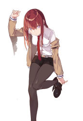 Rule 34 | 1girl, adjusting clothes, adjusting shoe, arm support, belt, breasts, brown hair, collared shirt, duoyuanjun, highres, jacket, jacket off shoulders, leaning forward, leg up, long hair, looking at viewer, makise kurisu, medium breasts, necktie, off shoulder, open mouth, pantyhose, purple eyes, red necktie, shirt, shoes, shorts, solo, standing, steins;gate