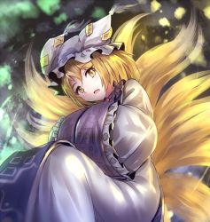 Rule 34 | 1girl, animal hat, blonde hair, collar, dress, fox tail, frilled collar, frilled hat, frilled sleeves, frills, hands in opposite sleeves, hat, minust, multiple tails, open mouth, short hair, solo, tabard, tail, touhou, white dress, yakumo ran, yellow eyes