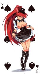 Rule 34 | 1girl, akira (viper), big hair, boots, bow, bowtie, breasts, card, curtsey, female masturbation, frilled skirt, frills, hat, highres, leg ribbon, long hair, looking at viewer, masturbation, nipples, open clothes, optionaltypo, playing card, public indecency, public masturbation, pussy juice, pussy juice trail, red hair, ribbon, sex toy, shiny skin, signature, simple background, skirt, skirt hold, smile, solo, spade (shape), thigh ribbon, top hat, very long hair, vibrator, vibrator under clothes, viper, viper v16, white background